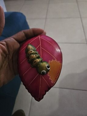 Leaf-Shaped Coin Purse with 3D Caterpillar Accent - Pink & Green